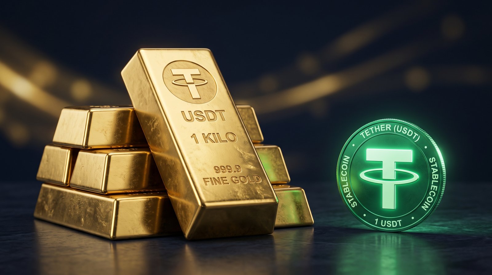 USDT como oro digital — lingotes de oro y moneda Tether
